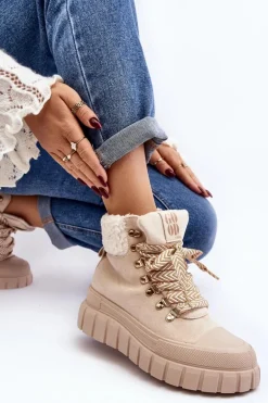Ocieplane Botki Trapery Na Grubej Podeszwie Jasnobeżowe Ralotta