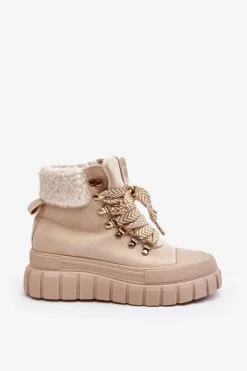 Ocieplane Botki Trapery Na Grubej Podeszwie Jasnobeżowe Ralotta
