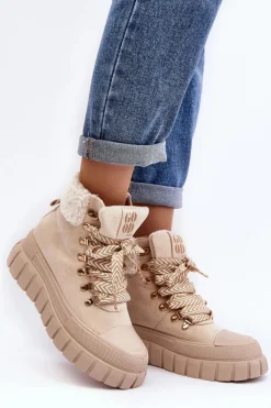 Ocieplane Botki Trapery Na Grubej Podeszwie Jasnobeżowe Ralotta