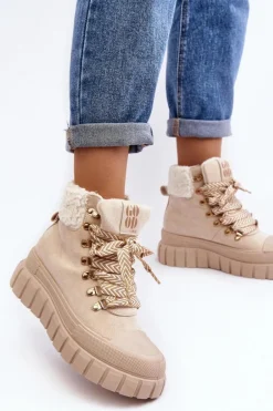 Ocieplane Botki Trapery Na Grubej Podeszwie Jasnobeżowe Ralotta