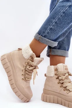 Ocieplane Botki Trapery Na Grubej Podeszwie Jasnobeżowe Ralotta