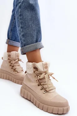 Ocieplane Botki Trapery Na Grubej Podeszwie Jasnobeżowe Ralotta
