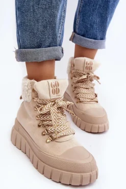 Ocieplane Botki Trapery Na Grubej Podeszwie Jasnobeżowe Ralotta