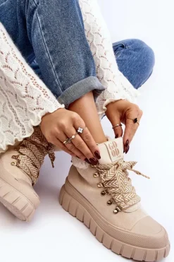 Ocieplane Botki Trapery Na Grubej Podeszwie Jasnobeżowe Ralotta