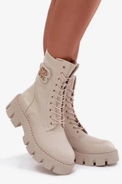 Ocieplane Botki Wokrery Damskie Z Ozdobą Jasnobeżowe Melisse