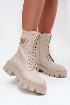 Ocieplane Botki Wokrery Damskie Z Ozdobą Jasnobeżowe Melisse