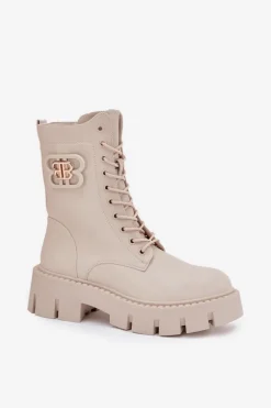 Ocieplane Botki Wokrery Damskie Z Ozdobą Jasnobeżowe Melisse