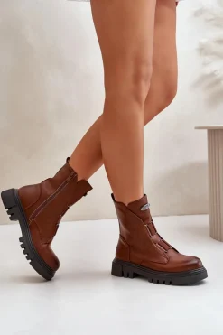 Ocieplane Botki Workery Damskie Na Zamek Eko Skórzane Brązowe Mailyra