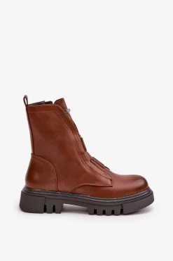 Ocieplane Botki Workery Damskie Na Zamek Eko Skórzane Brązowe Mailyra