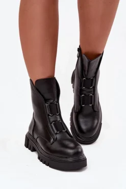 Ocieplane Botki Workery Damskie Na Zamek Eko Skórzane Czarne Mailyra