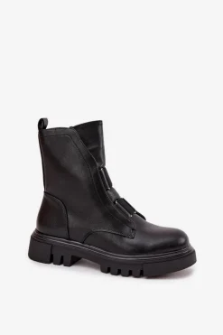 Ocieplane Botki Workery Damskie Na Zamek Eko Skórzane Czarne Mailyra