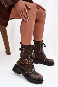 Ocieplane Botki Workery Damskie Z Klamrami Brązowe Marisse