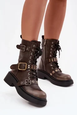 Ocieplane Botki Workery Damskie Z Klamrami Brązowe Marisse