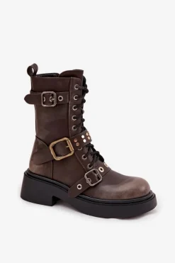 Ocieplane Botki Workery Damskie Z Klamrami Brązowe Marisse