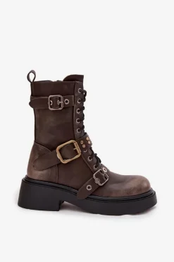 Ocieplane Botki Workery Damskie Z Klamrami Brązowe Marisse