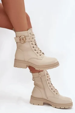 Ocieplane Botki Workery Damskie Z Ozdobnym Detalem Beżowe Talyssa