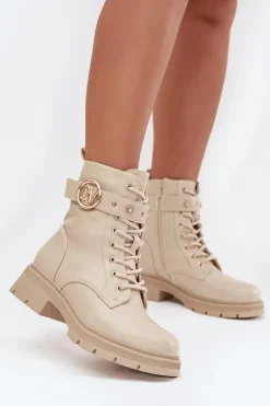 Ocieplane Botki Workery Damskie Z Ozdobnym Detalem Beżowe Talyssa