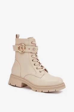 Ocieplane Botki Workery Damskie Z Ozdobnym Detalem Beżowe Talyssa