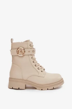 Ocieplane Botki Workery Damskie Z Ozdobnym Detalem Beżowe Talyssa