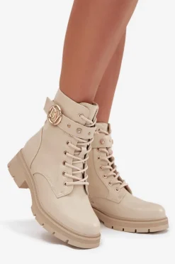 Ocieplane Botki Workery Damskie Z Ozdobnym Detalem Beżowe Talyssa