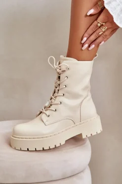 Ocieplane Botki Workery Damskie Z Przypinkami Beżowe Avorira