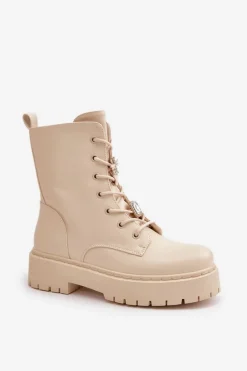 Ocieplane Botki Workery Damskie Z Przypinkami Beżowe Avorira