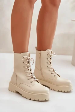 Ocieplane Botki Workery Damskie Z Przypinkami Beżowe Avorira