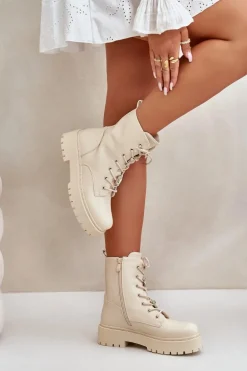 Ocieplane Botki Workery Damskie Z Przypinkami Beżowe Avorira