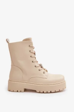 Ocieplane Botki Workery Damskie Z Przypinkami Beżowe Avorira