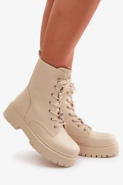 Ocieplane Botki Workery Damskie Z Przypinkami Beżowe Avorira