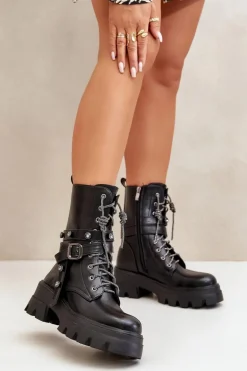 Ocieplane Botki Workery Damskie Z Paskami Czarne Berivana