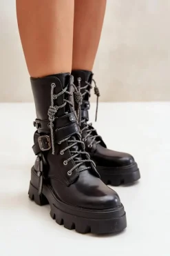 Ocieplane Botki Workery Damskie Z Paskami Czarne Berivana