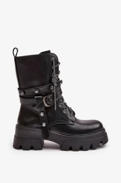 Ocieplane Botki Workery Damskie Z Paskami Czarne Berivana