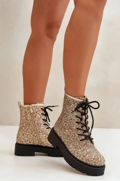 Ocieplane Botki Workery Damskie Ozdobione Cekinami Złote Liatheine