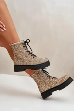 Ocieplane Botki Workery Damskie Ozdobione Cekinami Złote Liatheine
