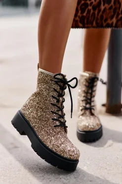 Ocieplane Botki Workery Damskie Ozdobione Cekinami Złote Liatheine