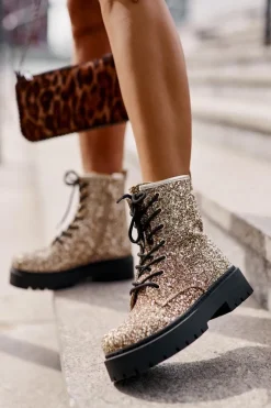 Ocieplane Botki Workery Damskie Ozdobione Cekinami Złote Liatheine