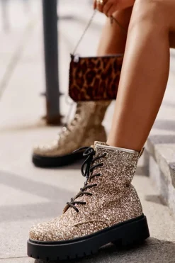 Ocieplane Botki Workery Damskie Ozdobione Cekinami Złote Liatheine