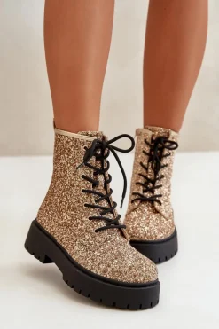 Ocieplane Botki Workery Damskie Ozdobione Cekinami Złote Liatheine