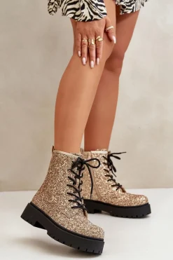Ocieplane Botki Workery Damskie Ozdobione Cekinami Złote Liatheine