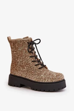 Ocieplane Botki Workery Damskie Ozdobione Cekinami Złote Liatheine