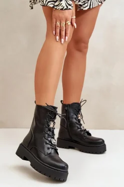 Ocieplane Botki Workery Damskie Z Przypinkami Czarne Avorira