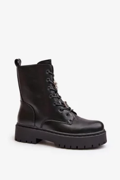 Ocieplane Botki Workery Damskie Z Przypinkami Czarne Avorira