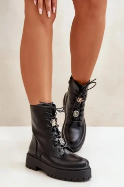 Ocieplane Botki Workery Damskie Z Przypinkami Czarne Avorira