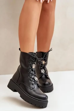 Ocieplane Botki Workery Damskie Z Przypinkami Czarne Avorira