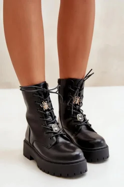 Ocieplane Botki Workery Damskie Z Przypinkami Czarne Avorira