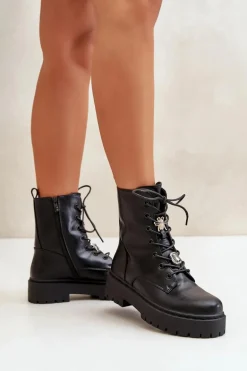 Ocieplane Botki Workery Damskie Z Przypinkami Czarne Avorira