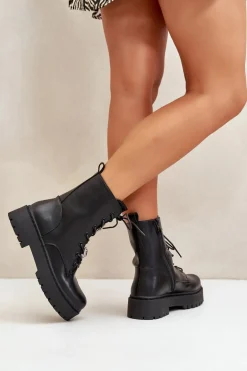 Ocieplane Botki Workery Damskie Z Przypinkami Czarne Avorira