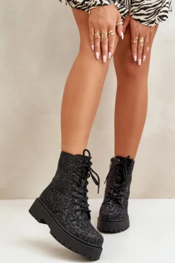 Ocieplane Botki Workery Damskie Ozdobione Cekinami Czarne Liatheine