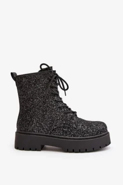 Ocieplane Botki Workery Damskie Ozdobione Cekinami Czarne Liatheine